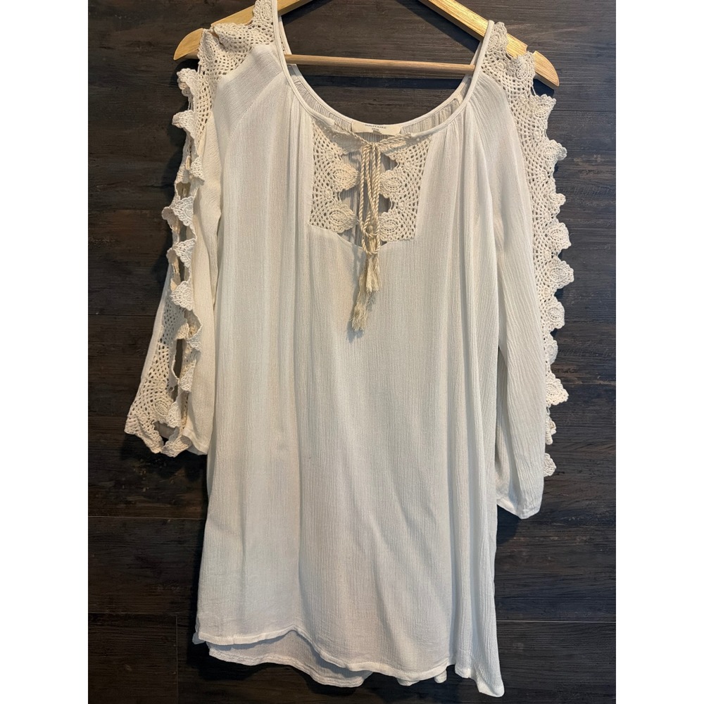 Solitaire Swim White Crochet Trim Rayon Gauze Cover Up Dress Medium